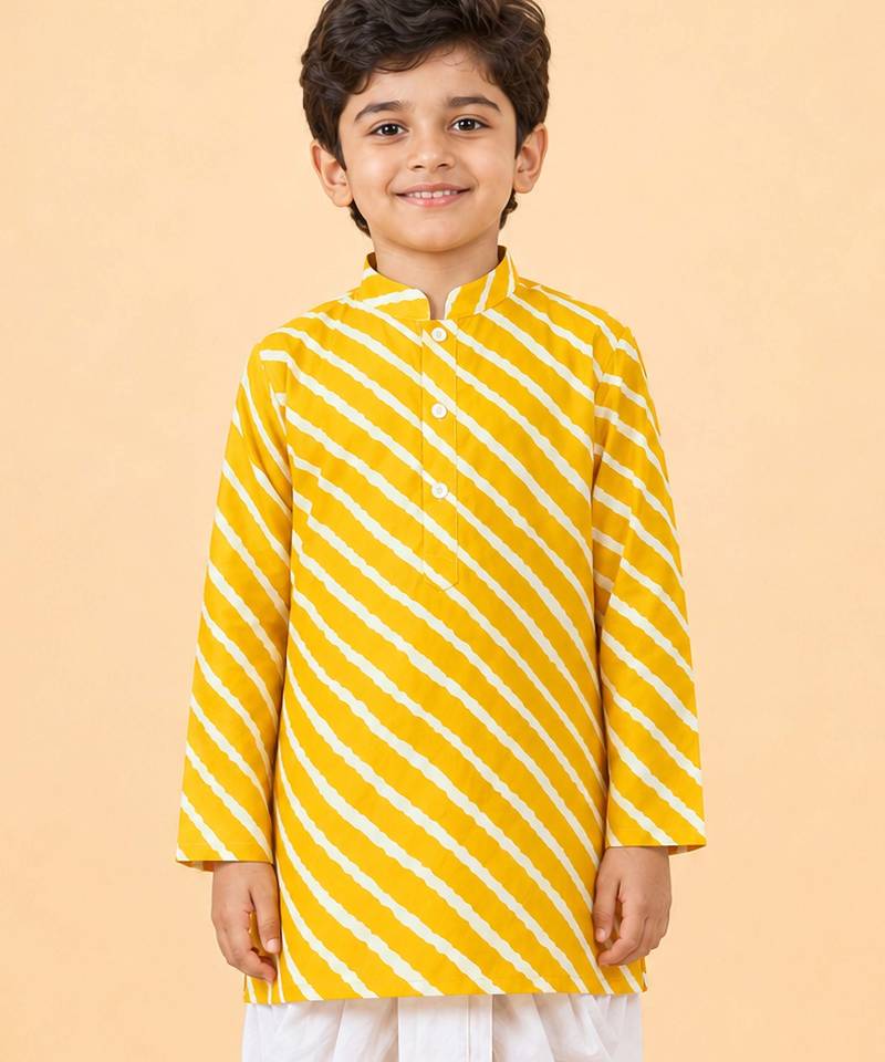 Boy's yellow cotton striped knee length kurta