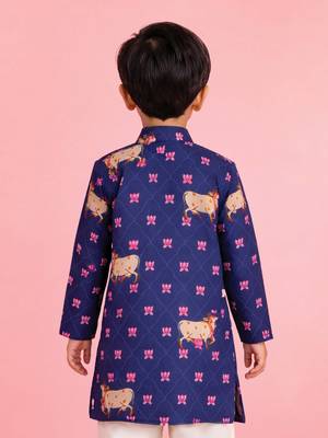 Boy's blue rayon digital print knee length kurta 4