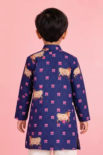 Boy's blue rayon digital print knee length kurta