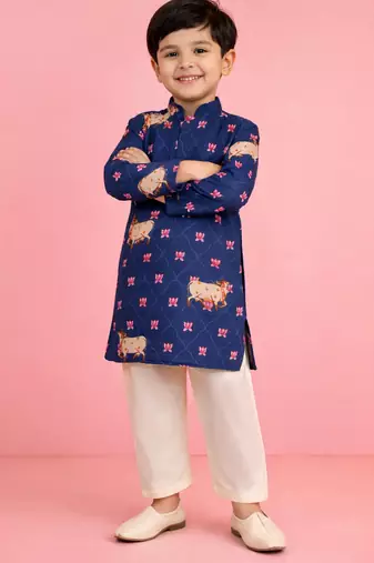 Boy's blue rayon digital print knee length kurta