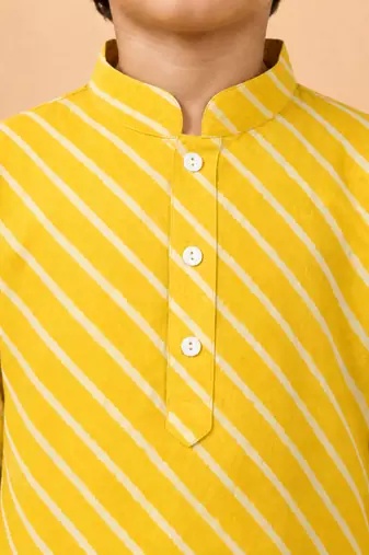Boy's yellow cotton striped knee length kurta