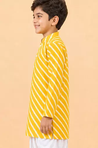 Boy's yellow cotton striped knee length kurta