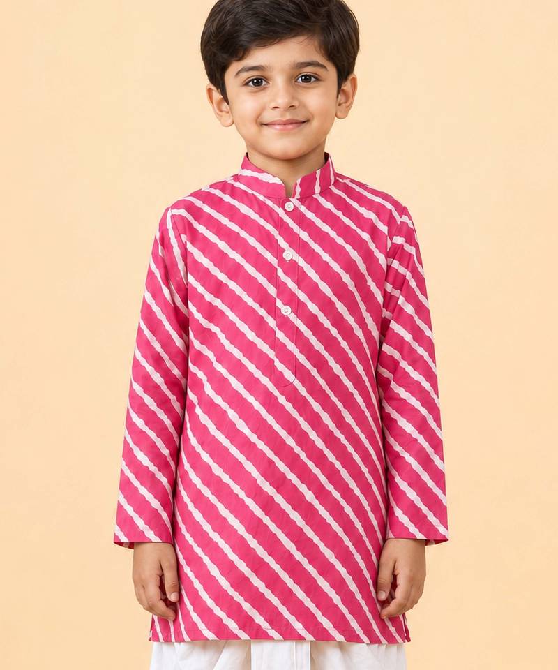 Boy's pink cotton striped knee length kurta
