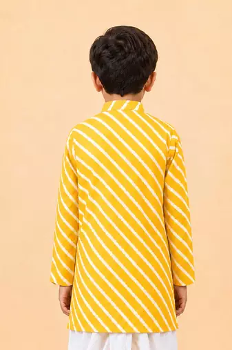 Boy's yellow cotton striped knee length kurta