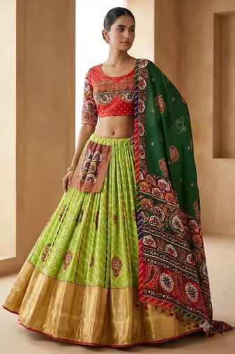 Green Mirror Navratri Lehnega Choli With Dupatta