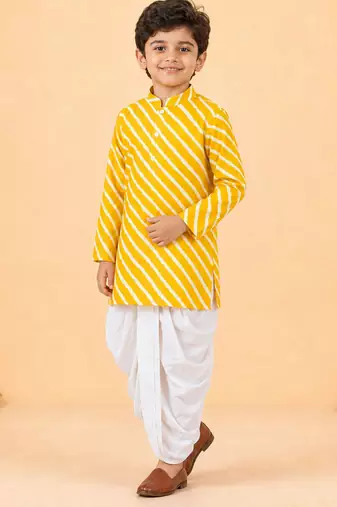 Boy's yellow cotton striped knee length kurta