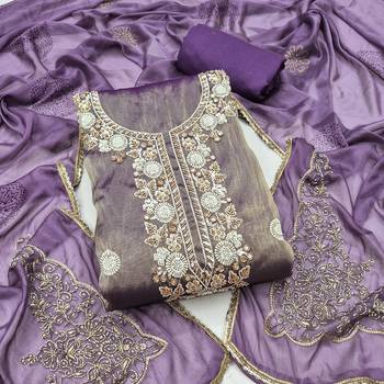 lavender unstitched thread work beads work with embroidered dupatta salsa dress material 1