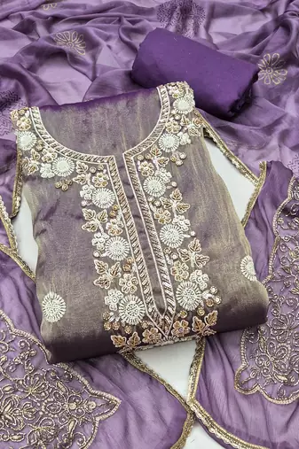 lavender unstitched thread work beads work with embroidered dupatta salsa dress material