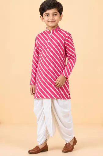 Boy's pink cotton striped knee length kurta