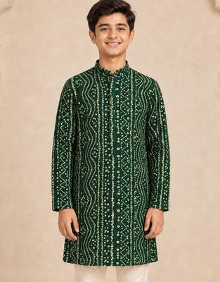 Boy's green rayon digital print knee length kurta 1