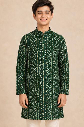 Boy's green rayon digital print knee length kurta