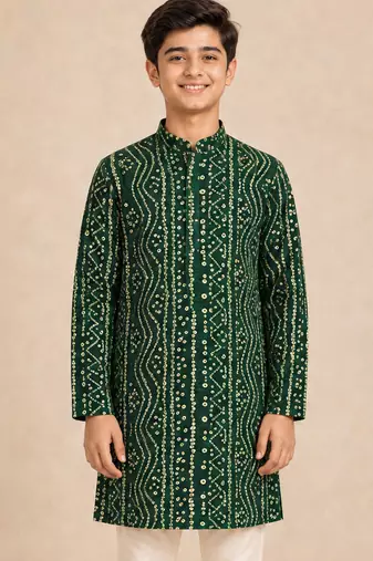Boy's green rayon digital print knee length kurta