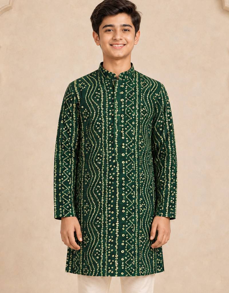 Boy's green rayon digital print knee length kurta