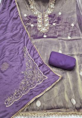 lavender unstitched thread work beads work with embroidered dupatta salsa dress material 2
