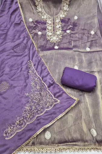 lavender unstitched thread work beads work with embroidered dupatta salsa dress material