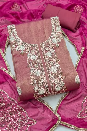 pink unstitched thread work beads work with embroidered dupatta salsa dress material