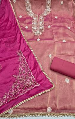 pink unstitched thread work beads work with embroidered dupatta salsa dress material 2