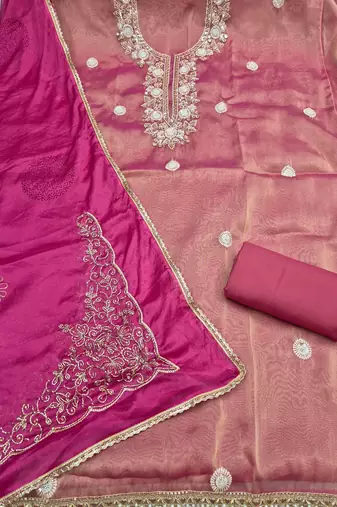 pink unstitched thread work beads work with embroidered dupatta salsa dress material