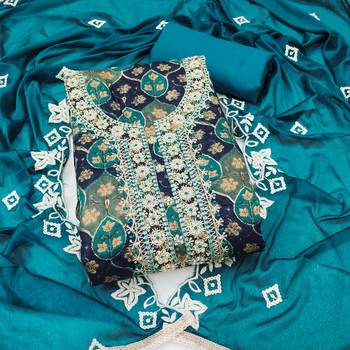 multi unstitched print handwork with embroidered dupatta silk blend dress material 1