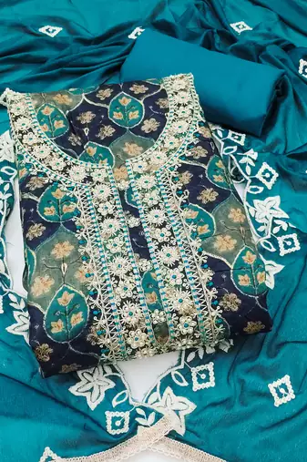 multi unstitched print handwork with embroidered dupatta silk blend dress material