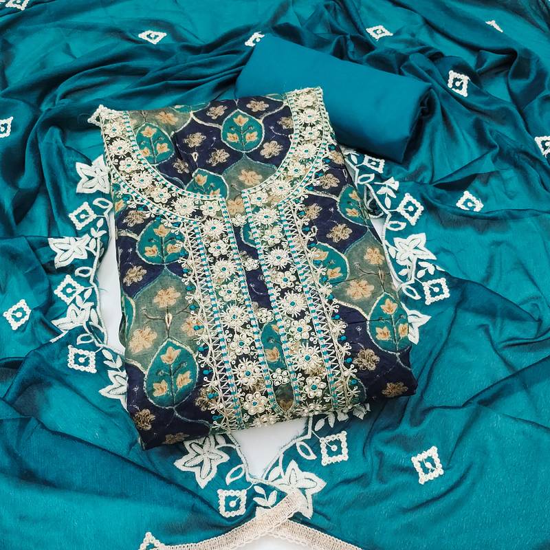 multi unstitched print handwork with embroidered dupatta silk blend dress material
