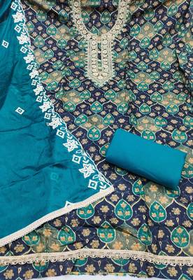 multi unstitched print handwork with embroidered dupatta silk blend dress material 2