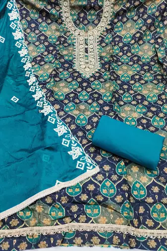 multi unstitched print handwork with embroidered dupatta silk blend dress material