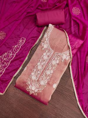 pink unstitched thread work beads work with embroidered dupatta salsa dress material 4
