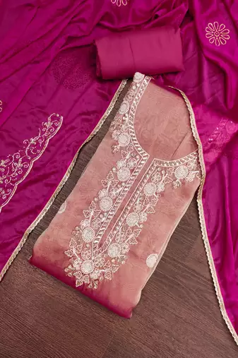 pink unstitched thread work beads work with embroidered dupatta salsa dress material