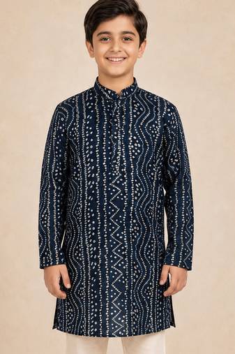 Boy's navy blue rayon digital print knee length kurta