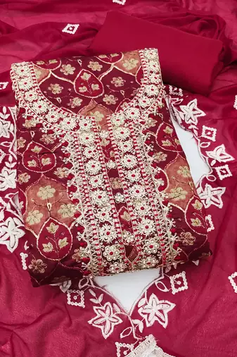 multi unstitched print handwork with embroidered dupatta silk blend dress material