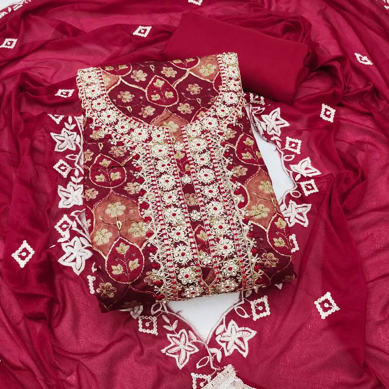 multi unstitched print handwork with embroidered dupatta silk blend dress material