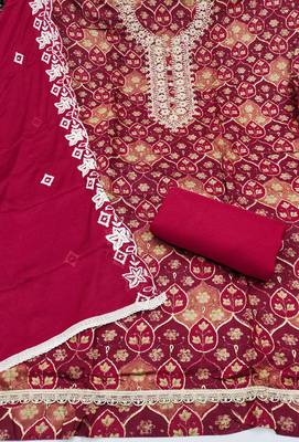 multi unstitched print handwork with embroidered dupatta silk blend dress material 2