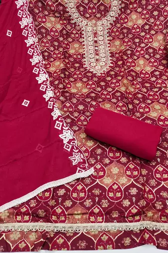 multi unstitched print handwork with embroidered dupatta silk blend dress material