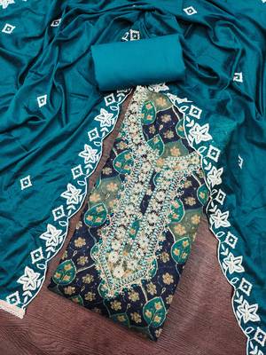 multi unstitched print handwork with embroidered dupatta silk blend dress material 4
