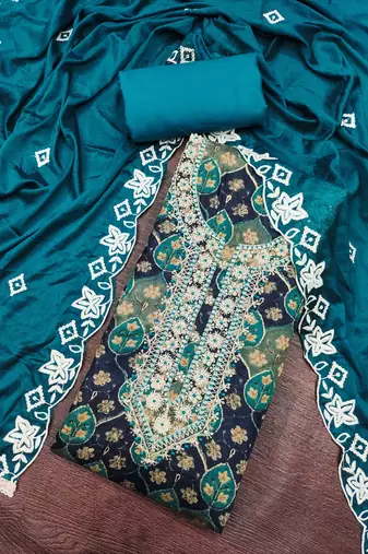 multi unstitched print handwork with embroidered dupatta silk blend dress material