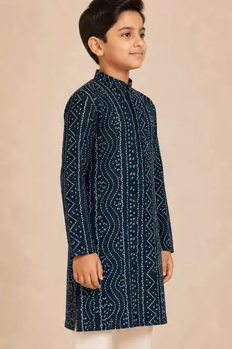 Boy's navy blue rayon digital print knee length kurta