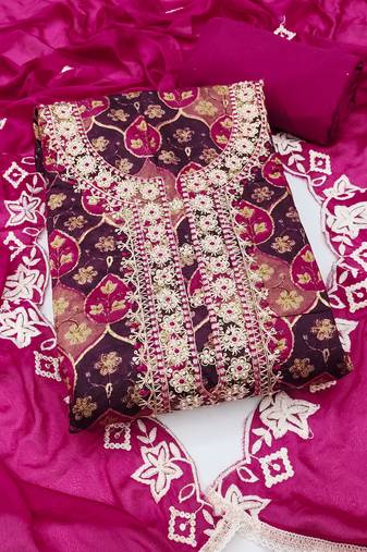multi unstitched print handwork with embroidered dupatta silk blend dress material