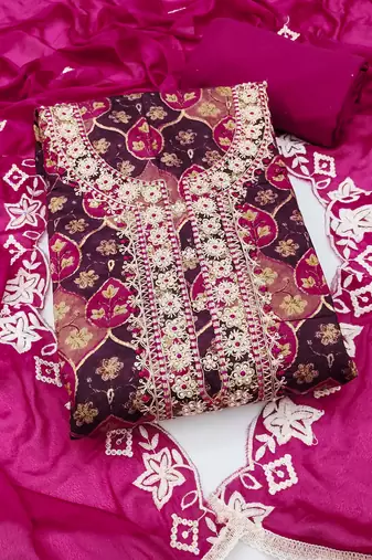 multi unstitched print handwork with embroidered dupatta silk blend dress material