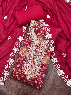 multi unstitched print handwork with embroidered dupatta silk blend dress material 4