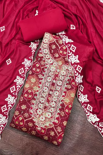 multi unstitched print handwork with embroidered dupatta silk blend dress material