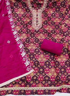 multi unstitched print handwork with embroidered dupatta silk blend dress material 2