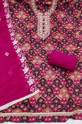 multi unstitched print handwork with embroidered dupatta silk blend dress material