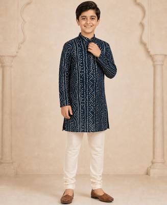 Boy's navy blue rayon digital print knee length kurta 5