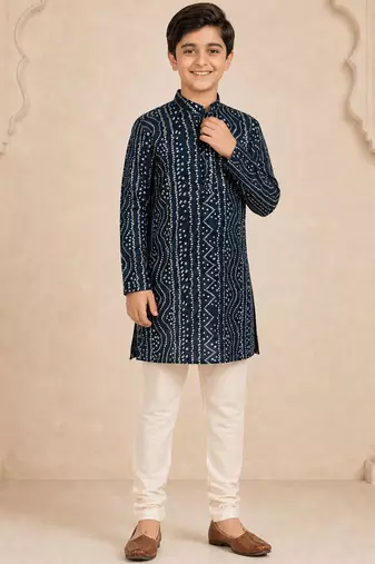Boy's navy blue rayon digital print knee length kurta