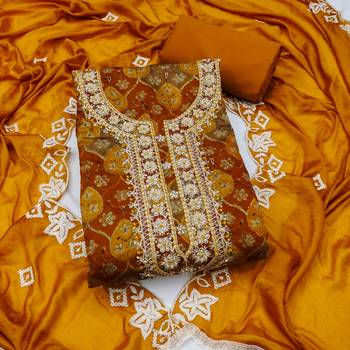 multi unstitched print handwork with embroidered dupatta silk blend dress material 1
