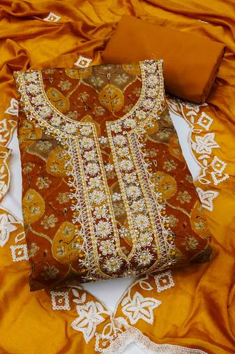 multi unstitched print handwork with embroidered dupatta silk blend dress material