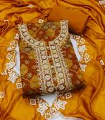 multi unstitched print handwork with embroidered dupatta silk blend dress material