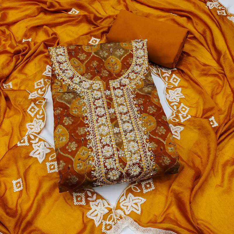 multi unstitched print handwork with embroidered dupatta silk blend dress material