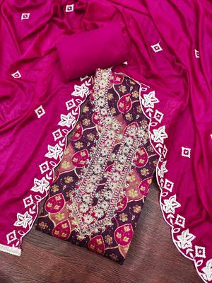 multi unstitched print handwork with embroidered dupatta silk blend dress material 4